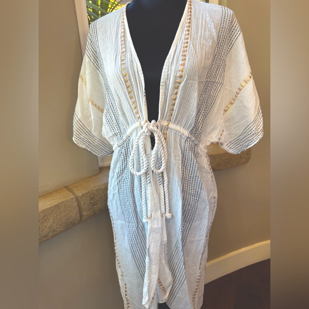 Kimono Rope Tied Front Swim Cover-Up Women’s One Size (White, Gold & Black)